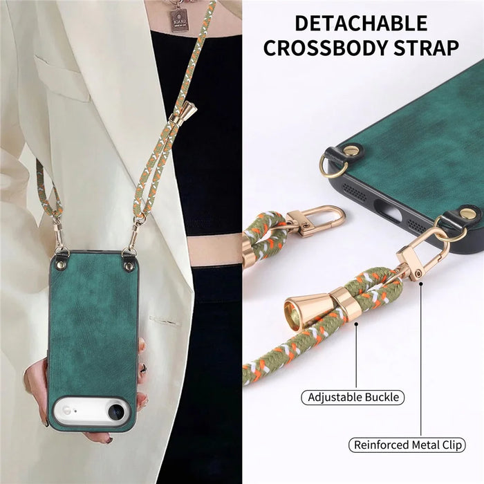For iPhone Air Retro Leather Phone Back Cover with Adjustable Strap - Green - 5