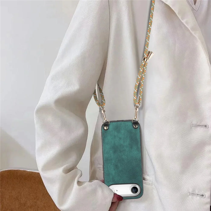 For iPhone Air Retro Leather Phone Back Cover with Adjustable Strap - Green - 6
