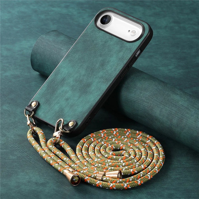 For iPhone Air Retro Leather Phone Back Cover with Adjustable Strap - Green - 7