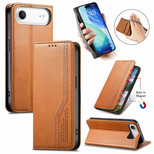 For iPhone Air Case Wallet Tri-Color Stitching Leather Phone Cover with Elastic Wristband - Brown - 1