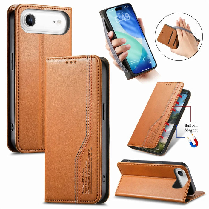For iPhone Air Case Wallet Tri-Color Stitching Leather Phone Cover with Elastic Wristband - Brown - 1