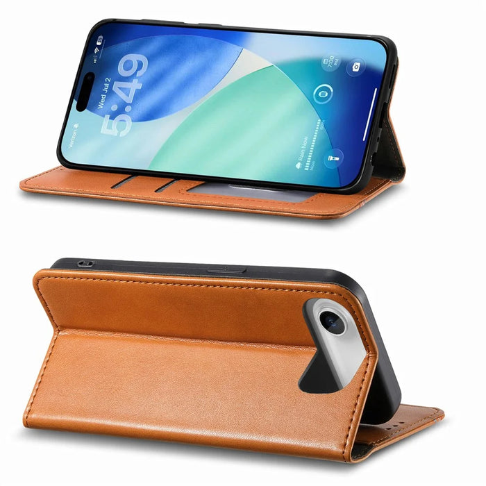 For iPhone Air Case Wallet Tri-Color Stitching Leather Phone Cover with Elastic Wristband - Brown - 3