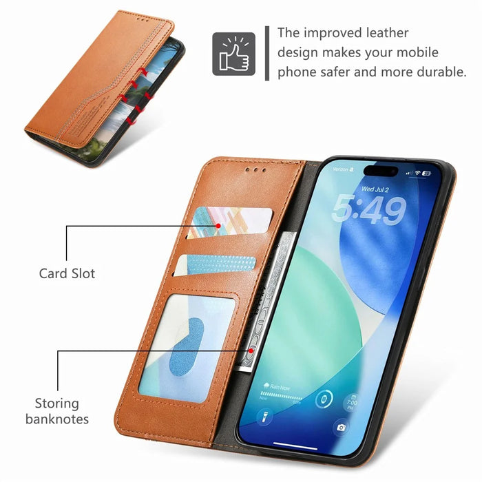 For iPhone Air Case Wallet Tri-Color Stitching Leather Phone Cover with Elastic Wristband - Brown - 6