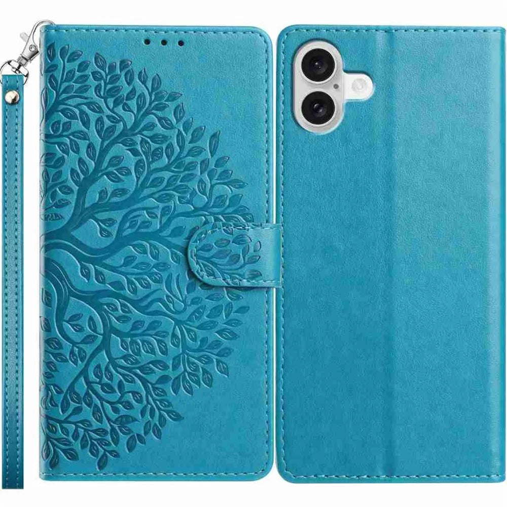 For iPhone 17 Leather Case Tree Imprint Wallet Stand Folio Phone Cover with Wrist Strap - Blue - 1