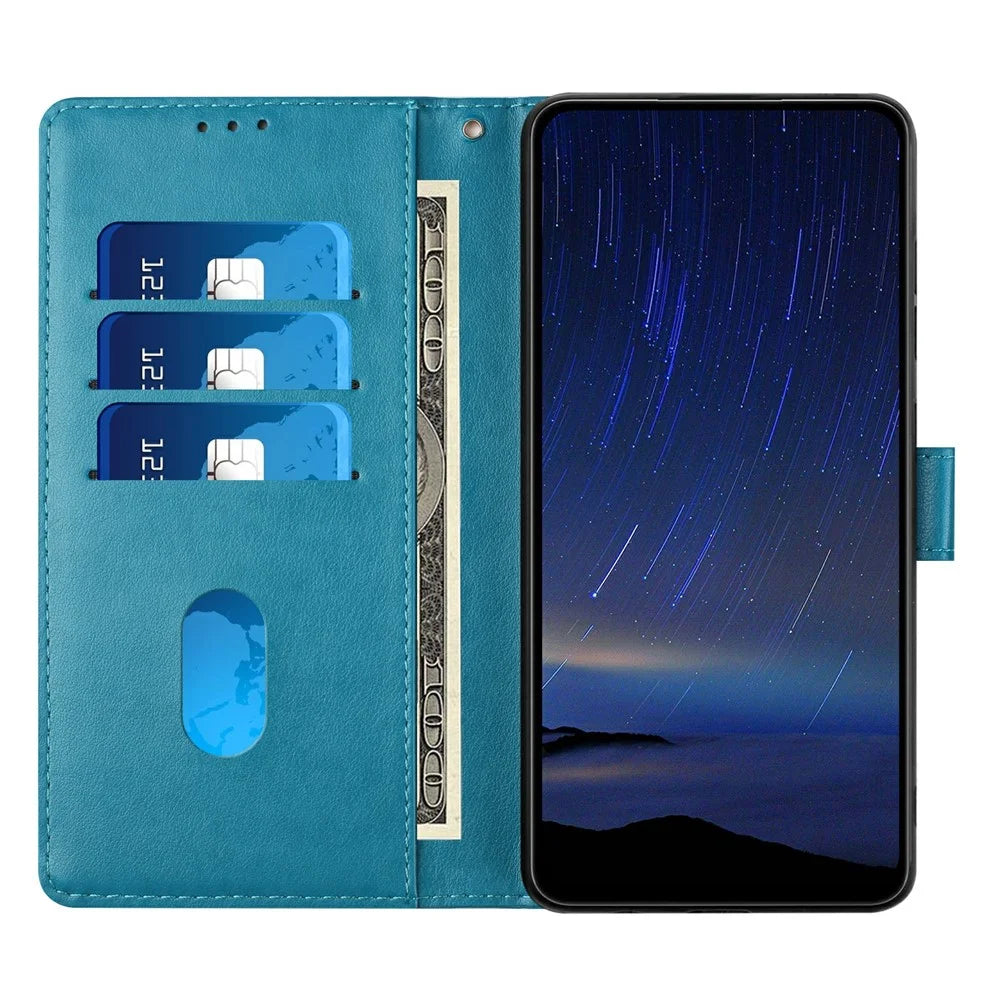 For iPhone 17 Leather Case Tree Imprint Wallet Stand Folio Phone Cover with Wrist Strap - Blue - 2