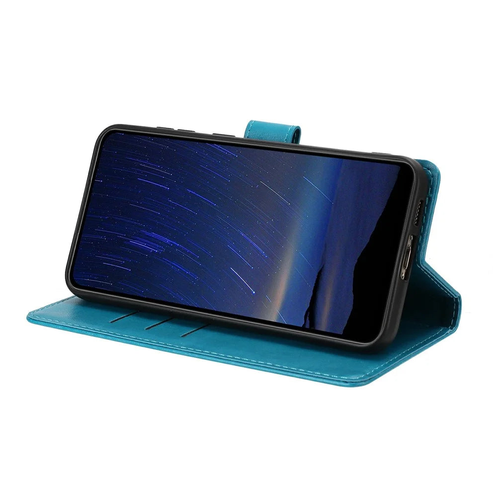 For iPhone 17 Leather Case Tree Imprint Wallet Stand Folio Phone Cover with Wrist Strap - Blue - 3