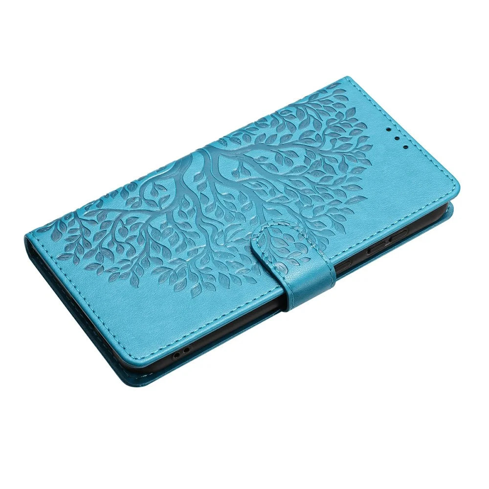 For iPhone 17 Leather Case Tree Imprint Wallet Stand Folio Phone Cover with Wrist Strap - Blue - 4