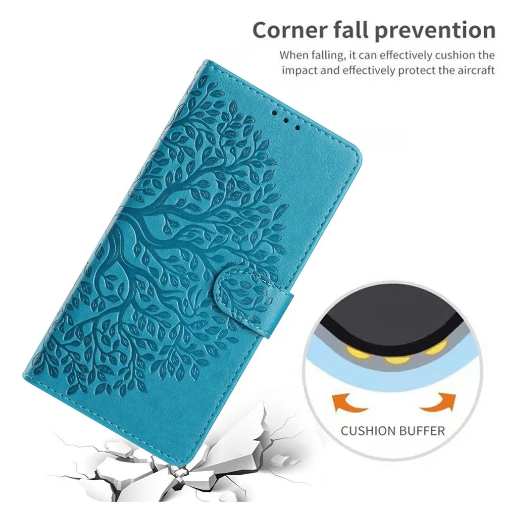 For iPhone 17 Leather Case Tree Imprint Wallet Stand Folio Phone Cover with Wrist Strap - Blue - 5