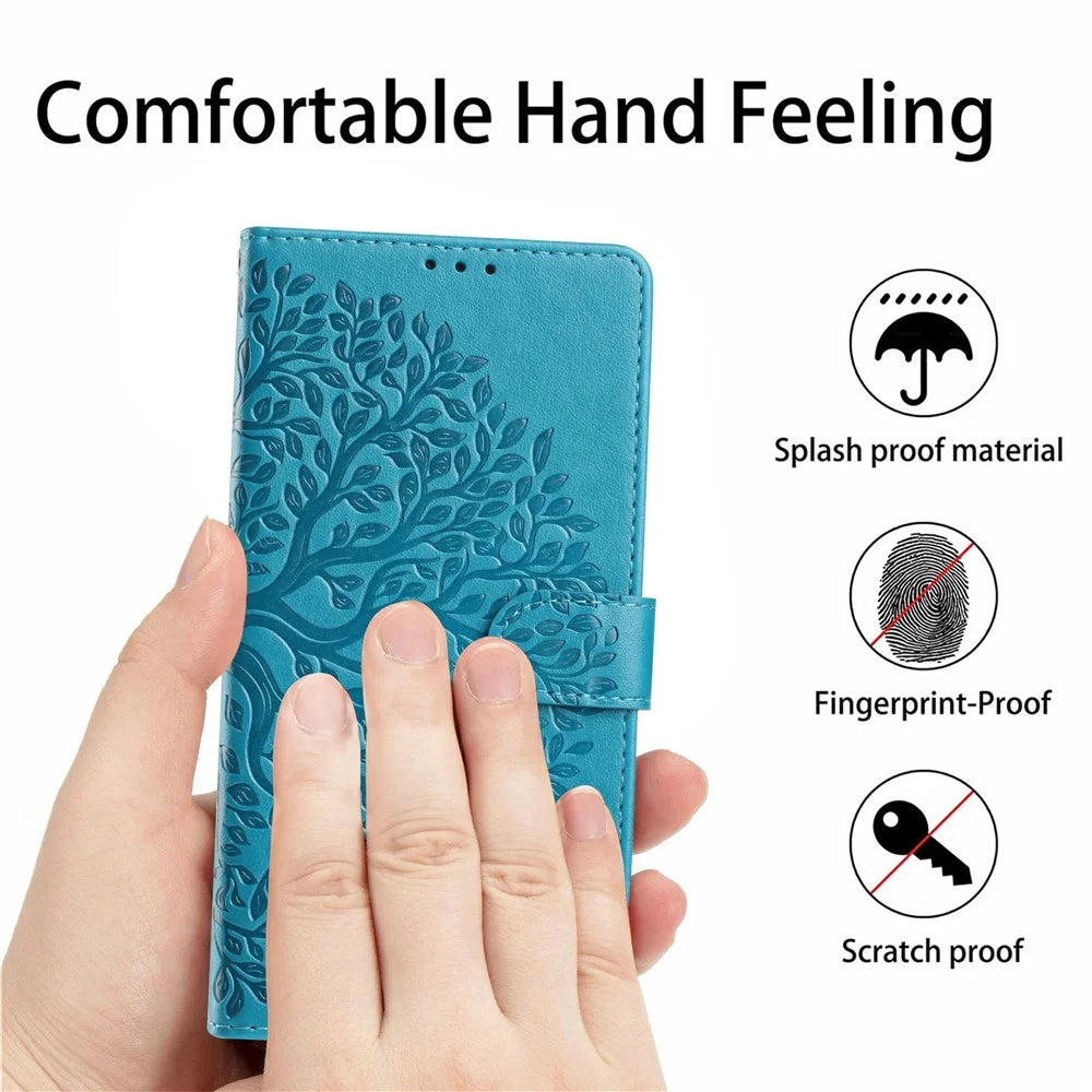 For iPhone 17 Leather Case Tree Imprint Wallet Stand Folio Phone Cover with Wrist Strap - Blue - 6