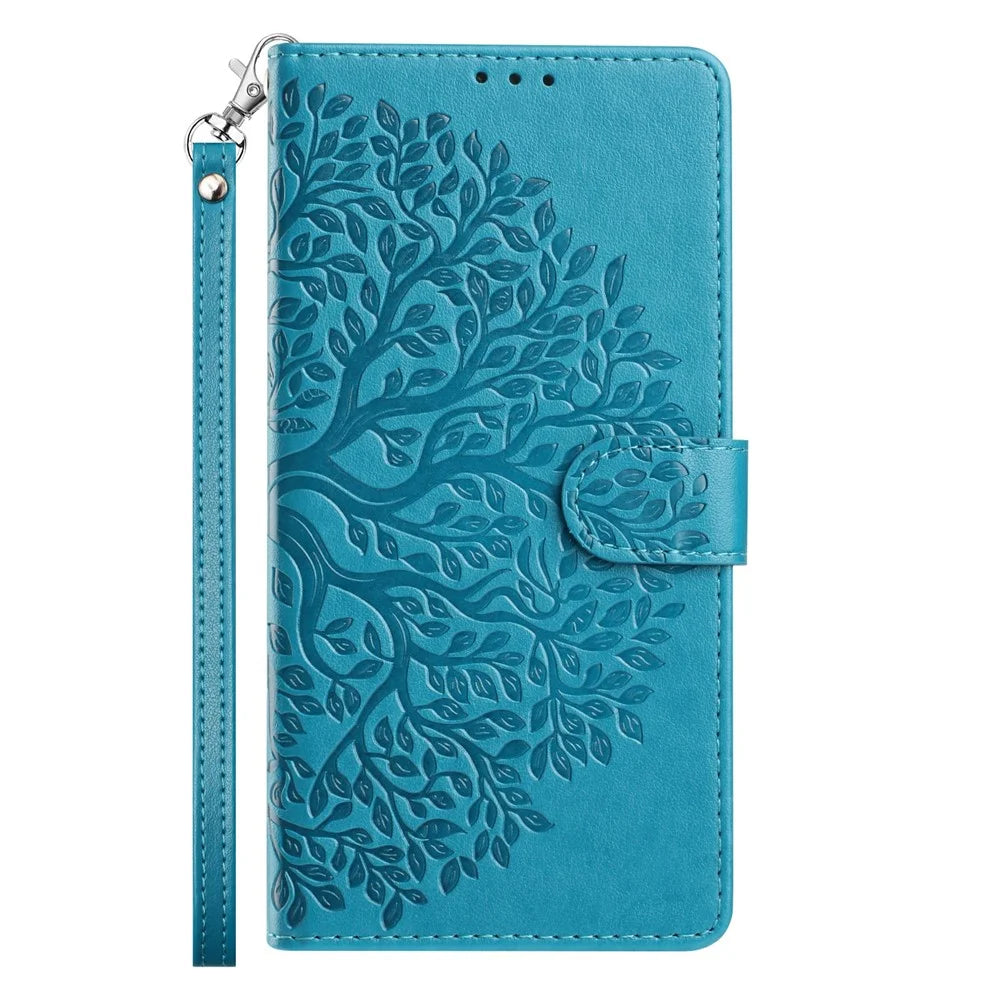 For iPhone 17 Leather Case Tree Imprint Wallet Stand Folio Phone Cover with Wrist Strap - Blue - 7