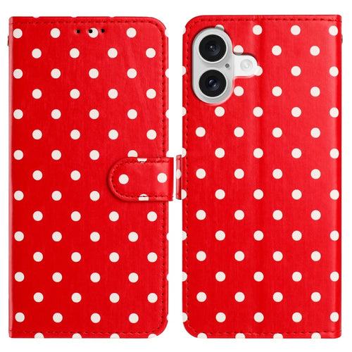 For iPhone 17 Leather Case Polka Dot Pattern Wallet Stand Folio Phone Cover - Red - 1