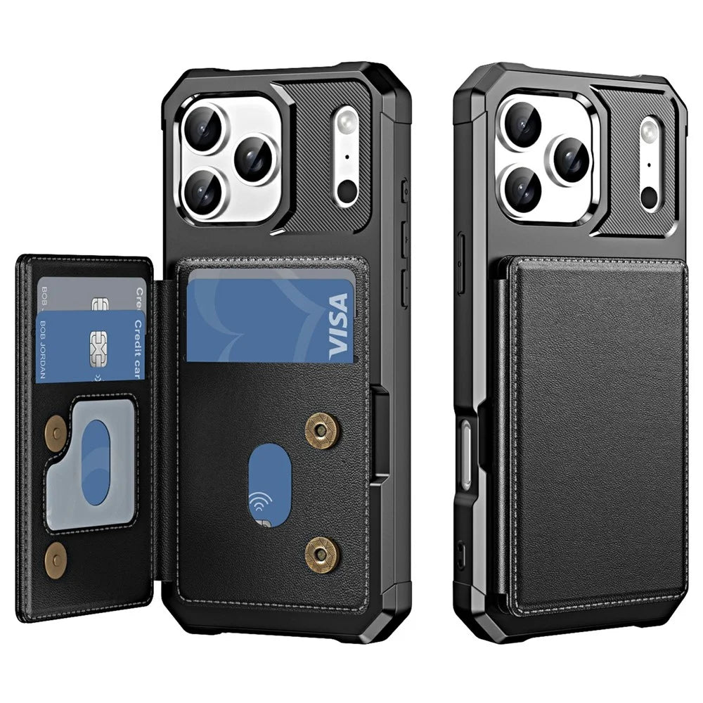 For iPhone 17 Pro Max Case Card Slot Kickstand Leather + TPU Reinforced Corner Phone Cover - Black - 1