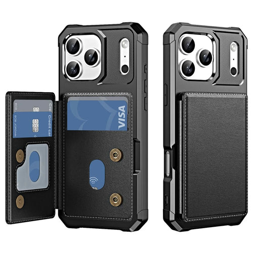 For iPhone 17 Pro Max Case Card Slot Kickstand Leather + TPU Reinforced Corner Phone Cover - Black - 1