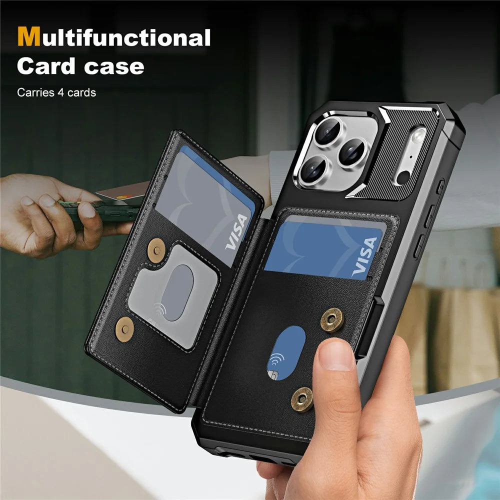 For iPhone 17 Pro Max Case Card Slot Kickstand Leather + TPU Reinforced Corner Phone Cover - Black - 3