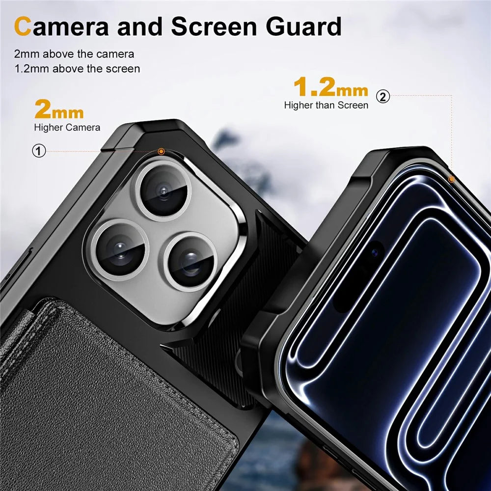 For iPhone 17 Pro Max Case Card Slot Kickstand Leather + TPU Reinforced Corner Phone Cover - Black - 4
