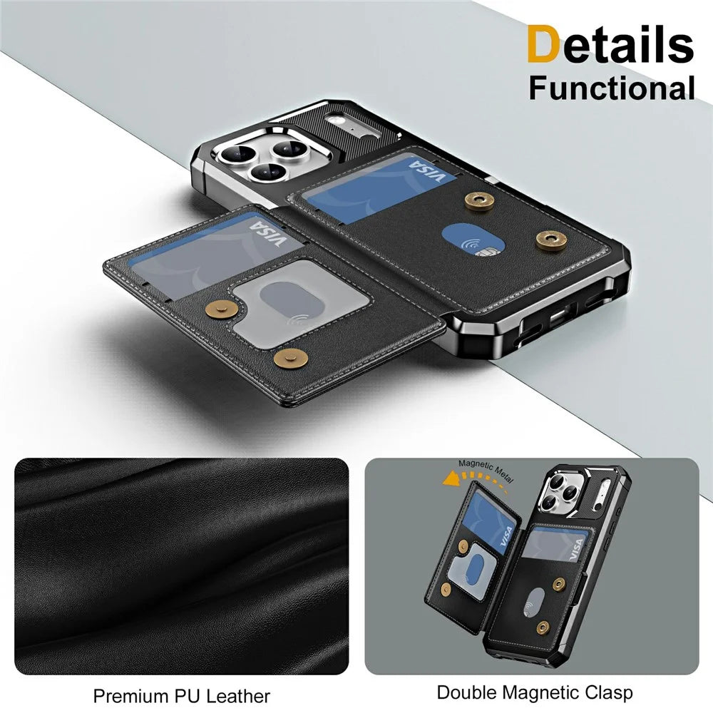 For iPhone 17 Pro Max Case Card Slot Kickstand Leather + TPU Reinforced Corner Phone Cover - Black - 5