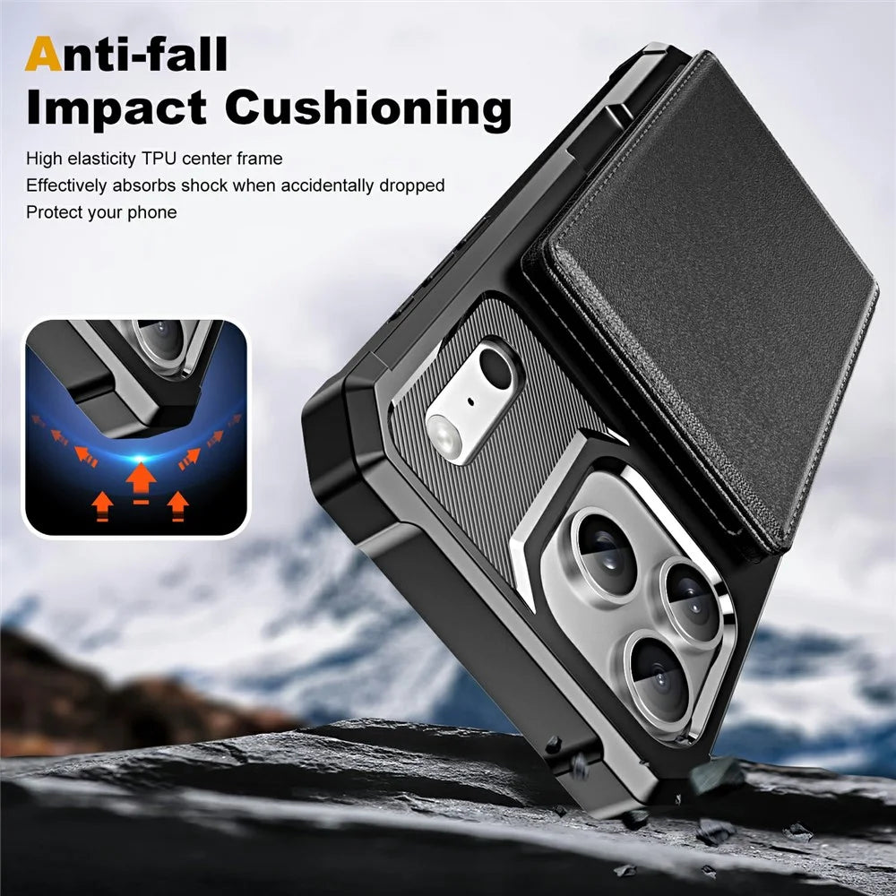 For iPhone 17 Pro Max Case Card Slot Kickstand Leather + TPU Reinforced Corner Phone Cover - Black - 6