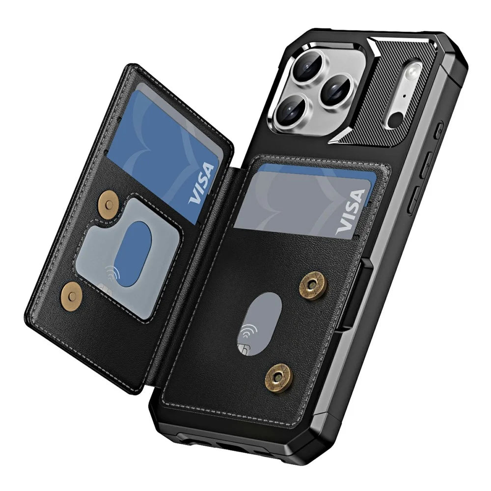 For iPhone 17 Pro Case Card Slot Kickstand Leather + TPU Reinforced Corner Phone Cover - Black - 2