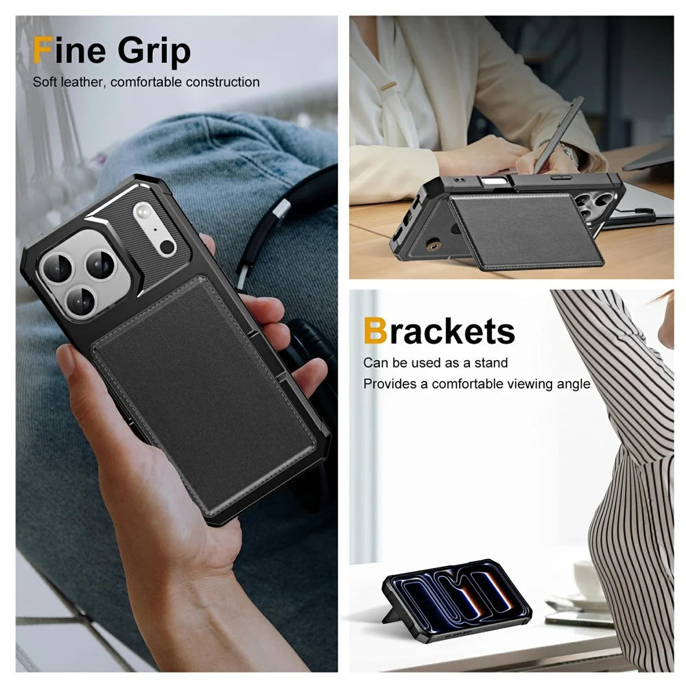 For iPhone 17 Pro Case Card Slot Kickstand Leather + TPU Reinforced Corner Phone Cover - Black - 7
