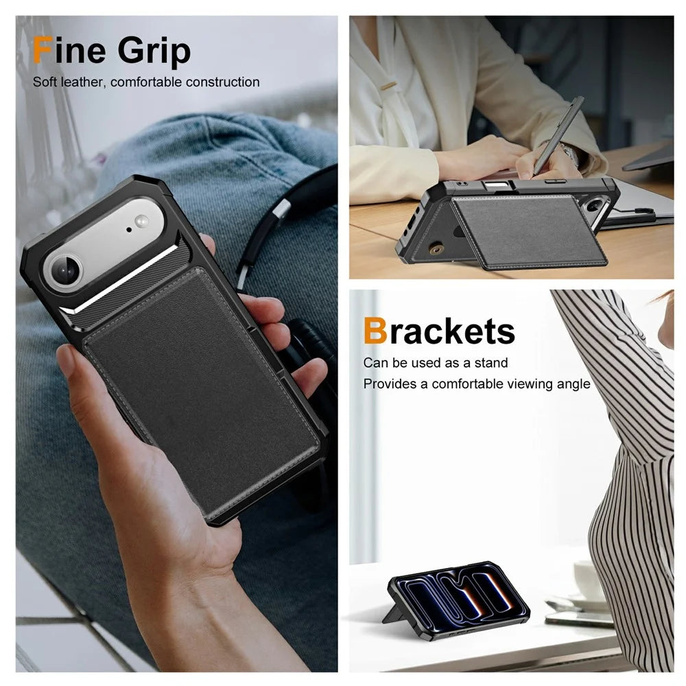 For iPhone Air Case Card Slot Kickstand Leather + TPU Reinforced Corner Phone Cover - Black - 7