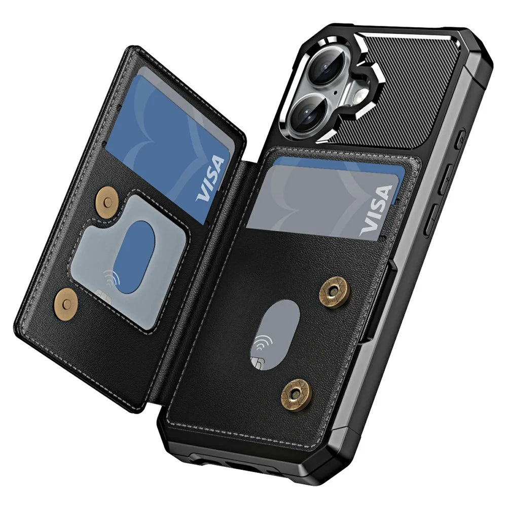 For iPhone 17 Case Card Slot Kickstand Leather + TPU Reinforced Corner Phone Cover - Black - 2