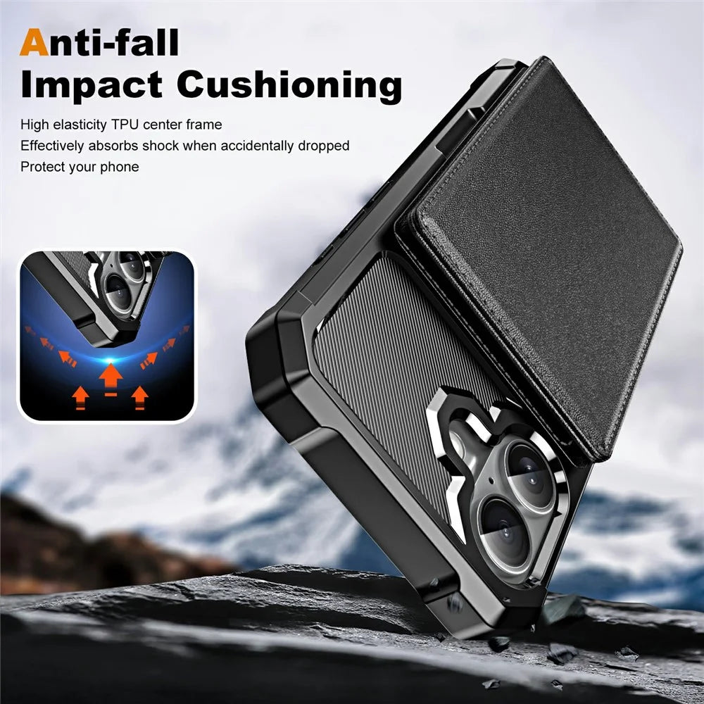 For iPhone 17 Case Card Slot Kickstand Leather + TPU Reinforced Corner Phone Cover - Black - 6