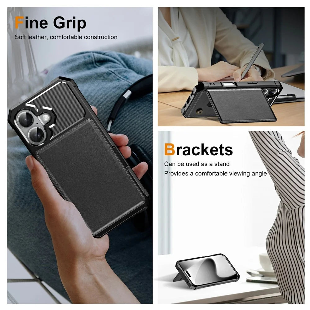 For iPhone 17 Case Card Slot Kickstand Leather + TPU Reinforced Corner Phone Cover - Black - 7