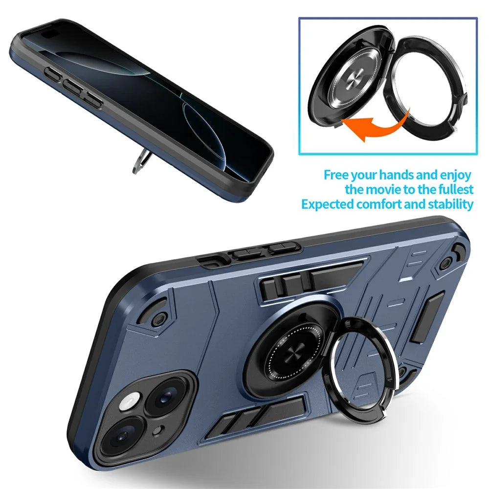 For iPhone 15 Case with Ring Holder Kickstand PC + TPU Anti-Fall Phone Cover - Dark Blue - 2