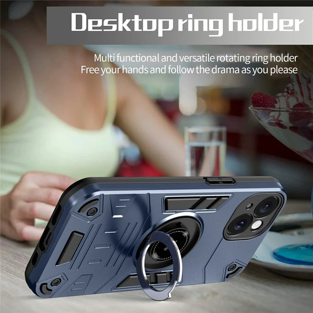 For iPhone 15 Case with Ring Holder Kickstand PC + TPU Anti-Fall Phone Cover - Dark Blue - 3