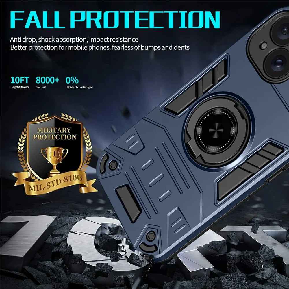 For iPhone 15 Case with Ring Holder Kickstand PC + TPU Anti-Fall Phone Cover - Dark Blue - 6