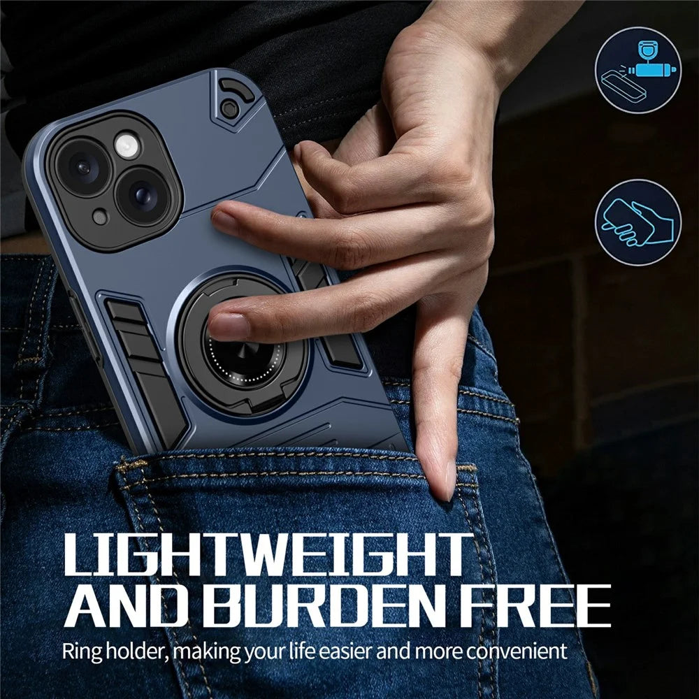 For iPhone 15 Case with Ring Holder Kickstand PC + TPU Anti-Fall Phone Cover - Dark Blue - 7
