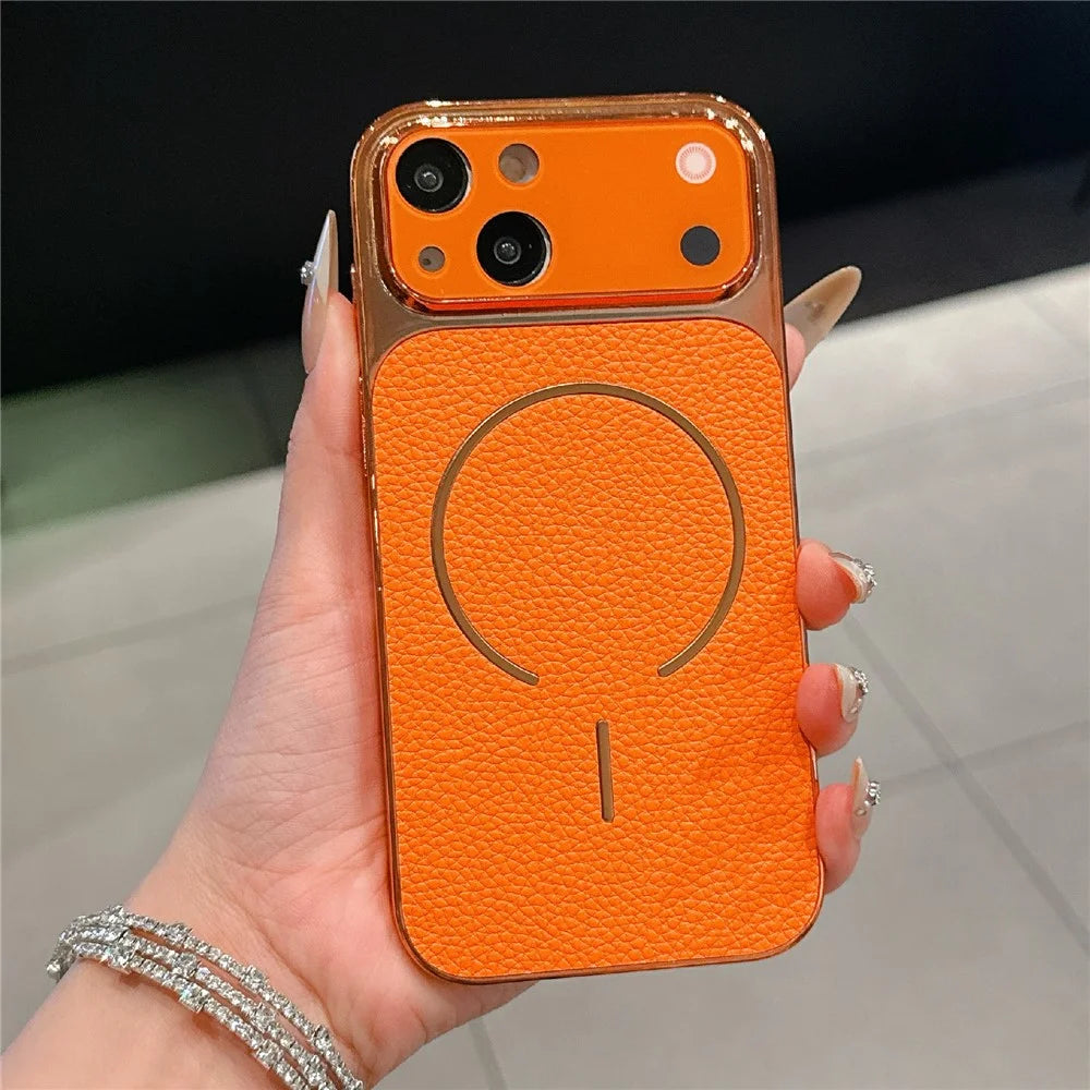 For iPhone 15 Electroplated Phone Case Transfer to 17 Pro Shockproof TPU PU Back Cover - Litchi Texture - 1
