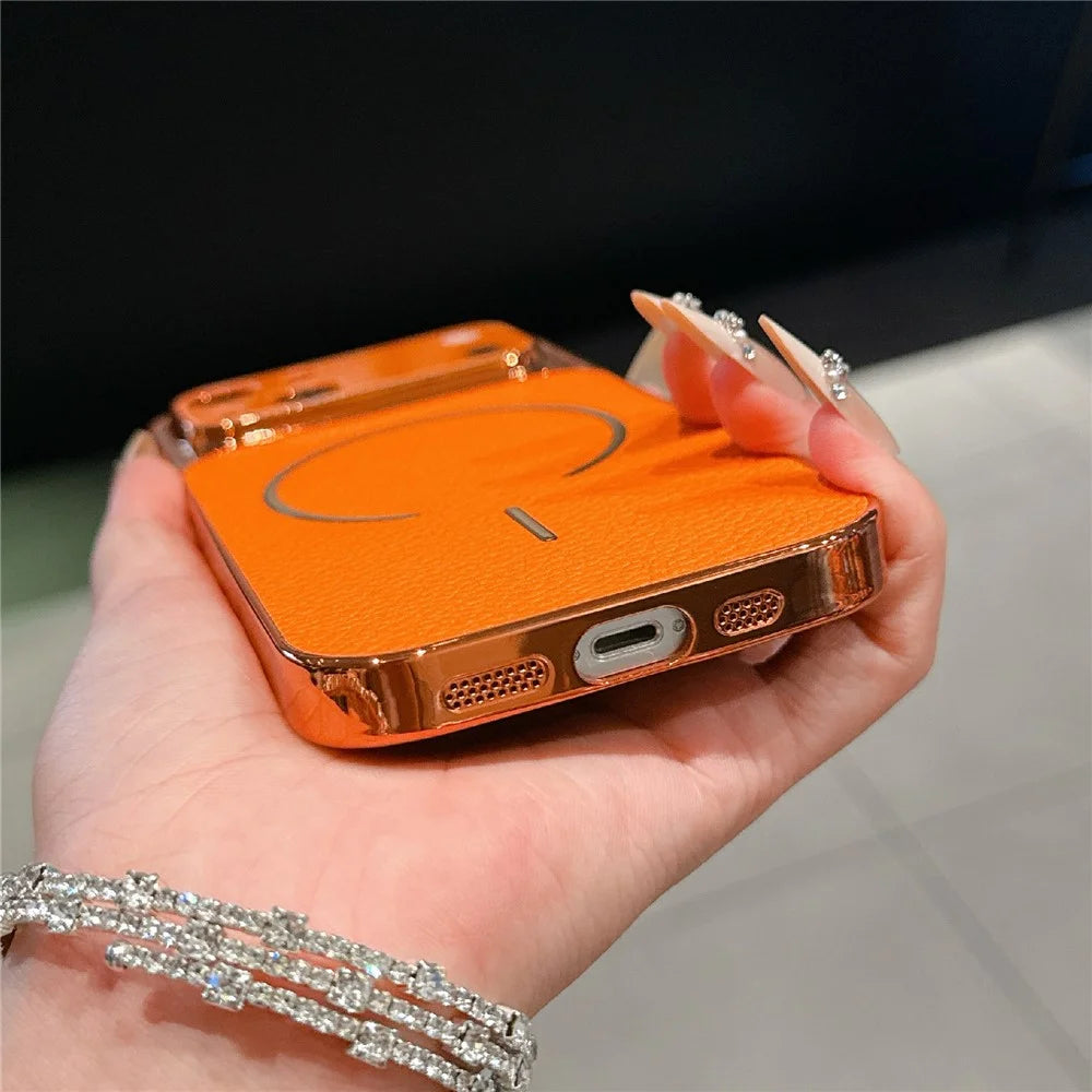 For iPhone 15 Electroplated Phone Case Transfer to 17 Pro Shockproof TPU PU Back Cover - Litchi Texture - 4