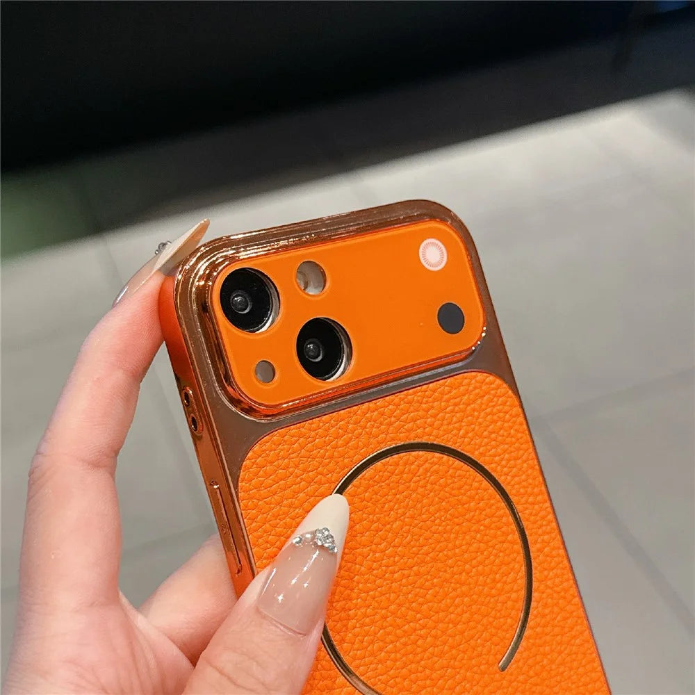 For iPhone 15 Electroplated Phone Case Transfer to 17 Pro Shockproof TPU PU Back Cover - Litchi Texture - 6