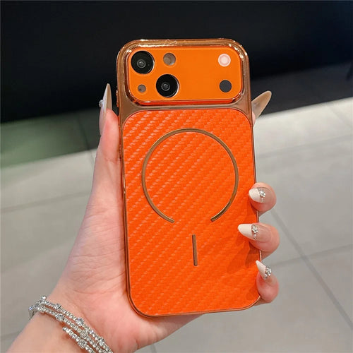 For iPhone 14 Plus Electroplated Phone Case Transfer to 17 Pro Shockproof TPU PU Back Cover - Carbon Fiber Texture - 1