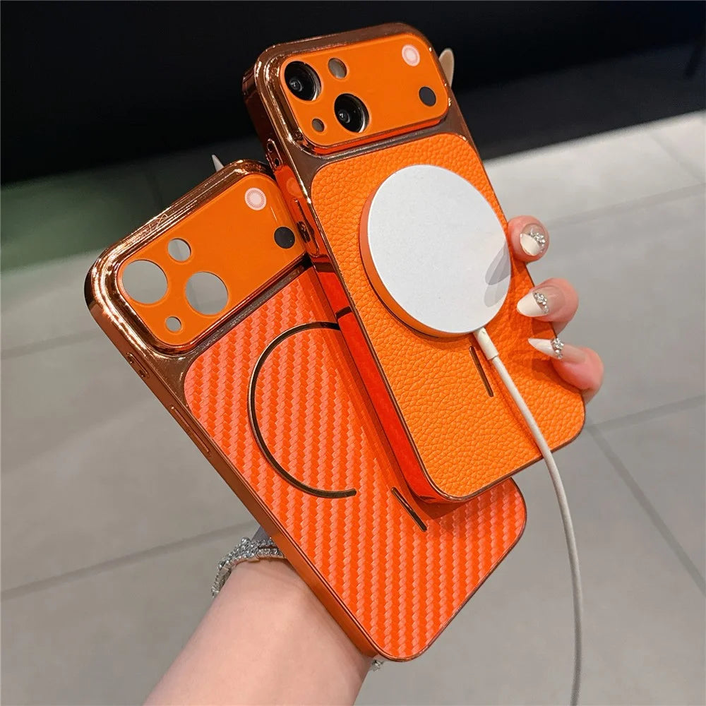 For iPhone 14 Plus Electroplated Phone Case Transfer to 17 Pro Shockproof TPU PU Back Cover - Carbon Fiber Texture - 3