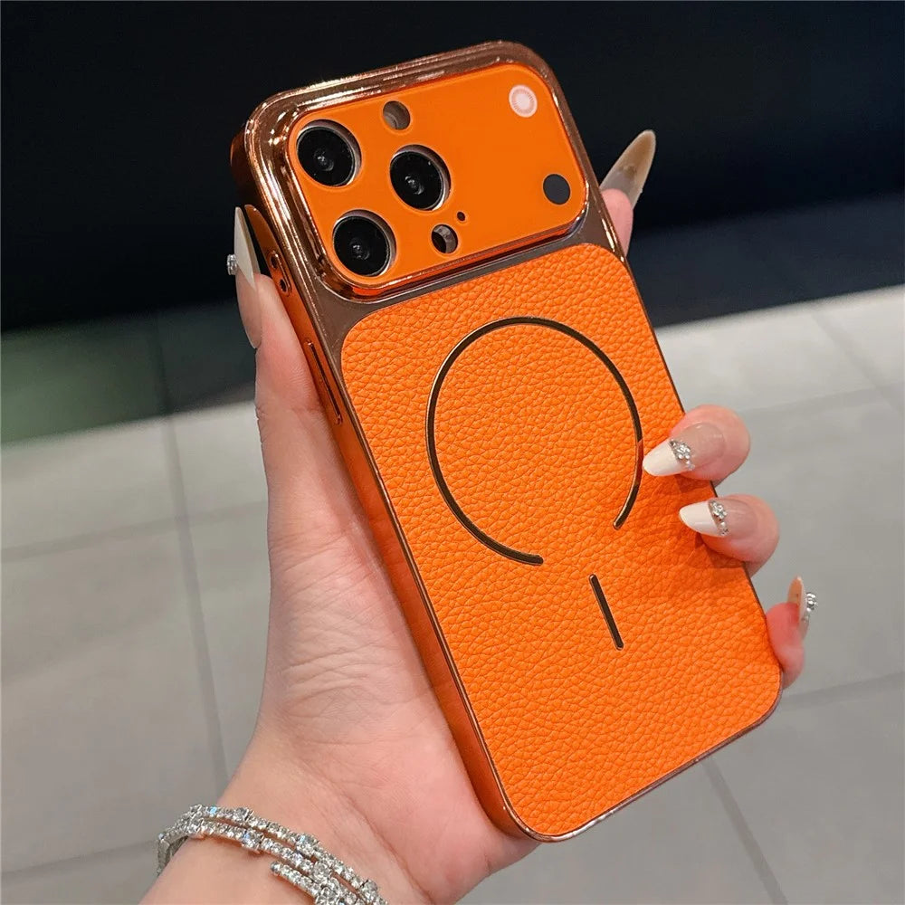 For iPhone 14 Pro Max Electroplated Phone Case Transfer to 17 Pro Max Shockproof TPU PU Back Cover - Litchi Texture - 1