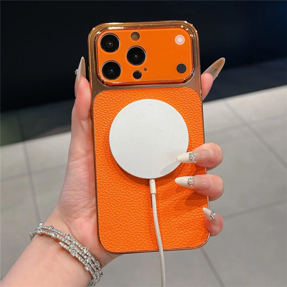 For iPhone 15 Pro Electroplated Phone Case Transfer to 17 Pro Shockproof TPU PU Back Cover - Litchi Texture - 3