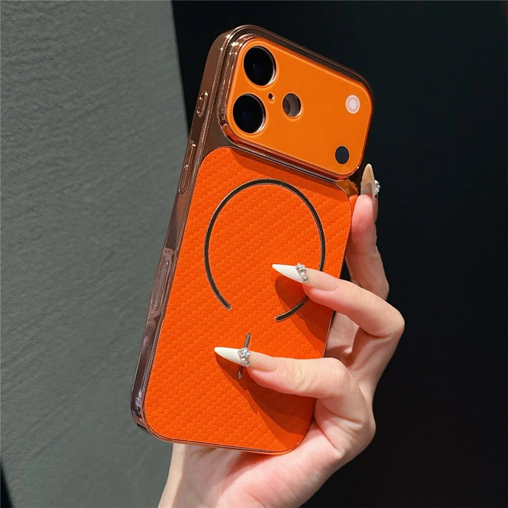 For iPhone 16 Pro Electroplated Phone Case Transfer to 17 Pro Shockproof TPU PU Back Cover - Carbon Fiber Texture - 2