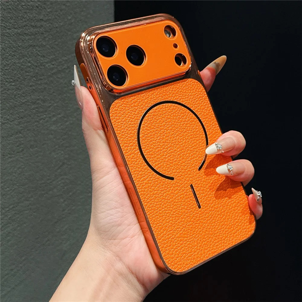 For iPhone 17 Pro Electroplated Phone Case Shockproof TPU PU Protective Back Cover - Litchi Texture - 2