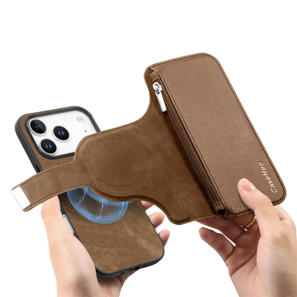 CASENEO MW-02 For iPhone 18 Pro / 17 Pro Case Detachable Magnetic Leather Flip Phone Cover - Brown - 6