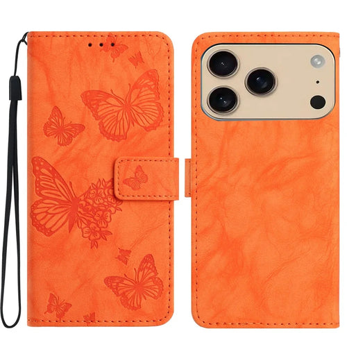 For iPhone  18 Pro / 17   Pro Leather Case Butterfly Flower Imprinted Wallet Stand Flip Phone Cover with Wrist Strap - Orange - 1