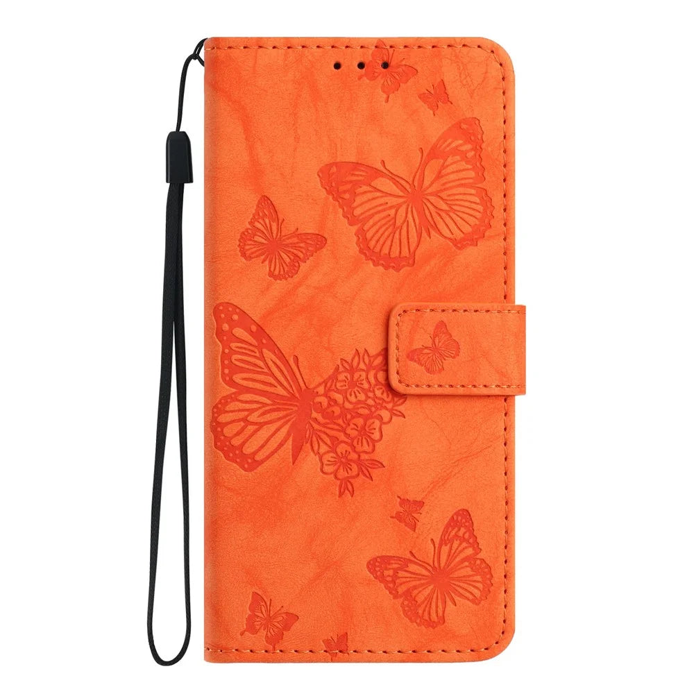 For iPhone  18 Pro / 17   Pro Leather Case Butterfly Flower Imprinted Wallet Stand Flip Phone Cover with Wrist Strap - Orange - 5