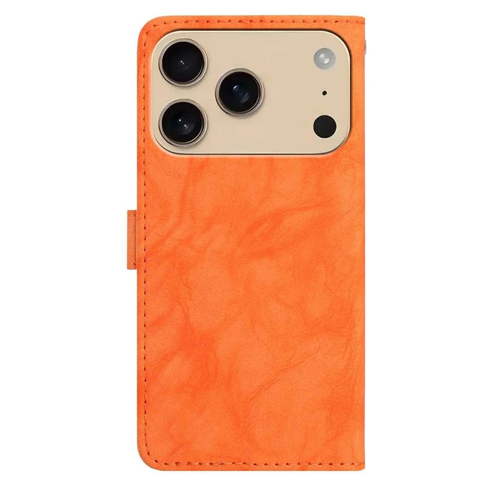 For iPhone  18 Pro / 17   Pro Leather Case Butterfly Flower Imprinted Wallet Stand Flip Phone Cover with Wrist Strap - Orange - 6