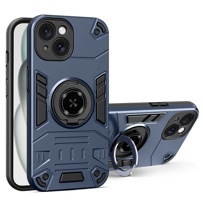 For iPhone 15 Plus  / 14 Plus Case with Ring Holder Kickstand PC + TPU Anti-Fall Phone Cover - Dark Blue - 1