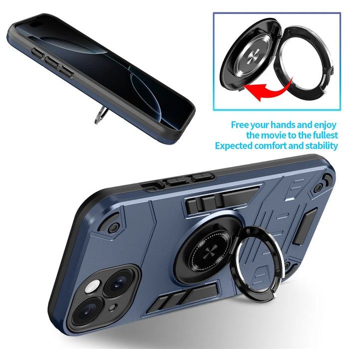 For iPhone 15 Plus  / 14 Plus Case with Ring Holder Kickstand PC + TPU Anti-Fall Phone Cover - Dark Blue - 4