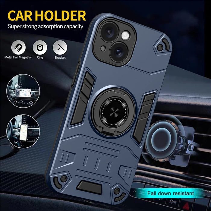 For iPhone 15 Plus  / 14 Plus Case with Ring Holder Kickstand PC + TPU Anti-Fall Phone Cover - Dark Blue - 7