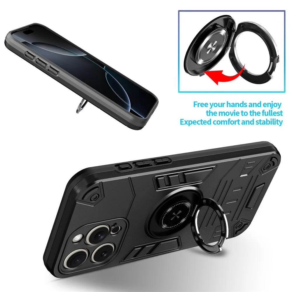 For iPhone 15 Pro Max Case with Ring Holder Kickstand PC + TPU Anti-Fall Phone Cover - 5