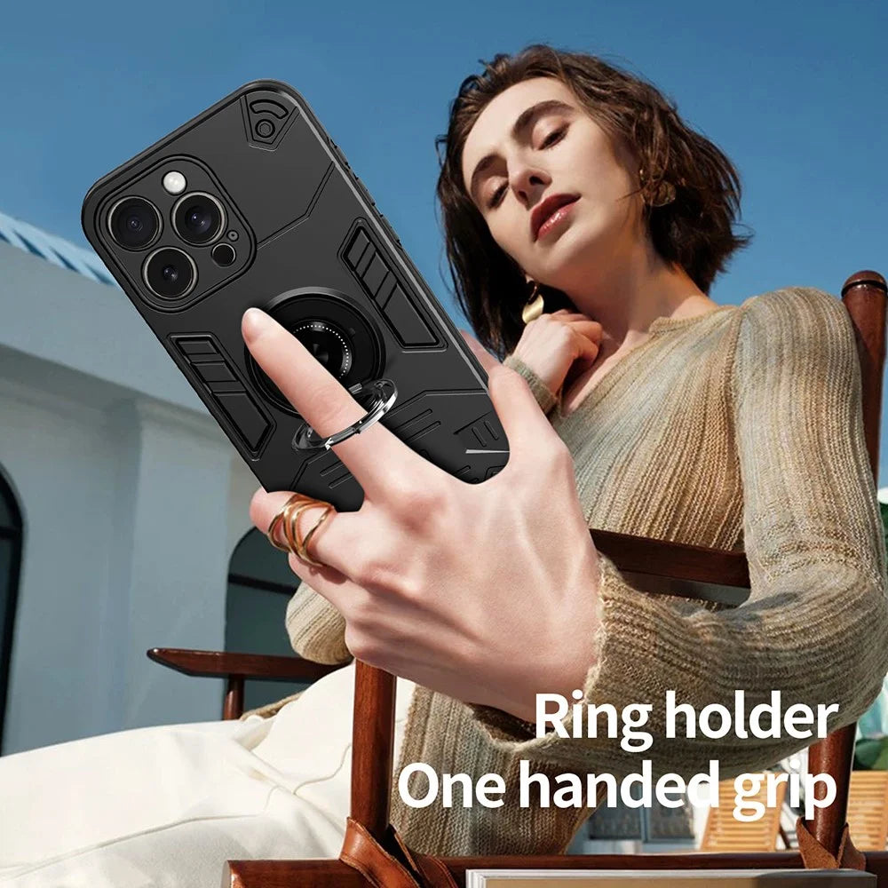 For iPhone 15 Pro Max Case with Ring Holder Kickstand PC + TPU Anti-Fall Phone Cover - 7