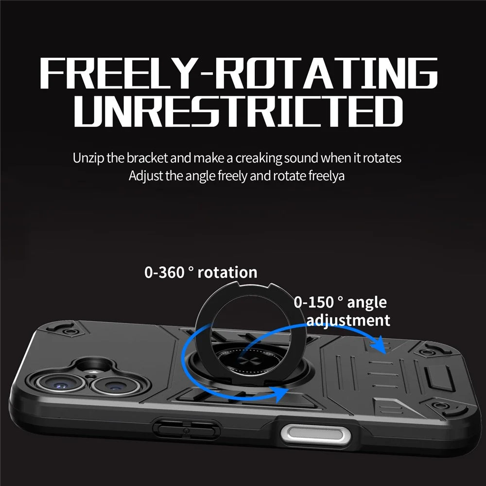 For iPhone 16 Case with Ring Holder Kickstand PC + TPU Anti-Fall Phone Cover - Black - 2